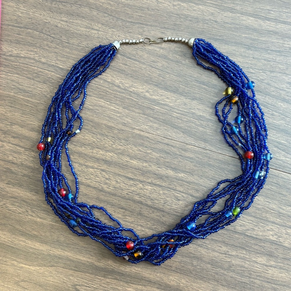 Blue Multi-Strand Beaded Necklace with Silver Clasp